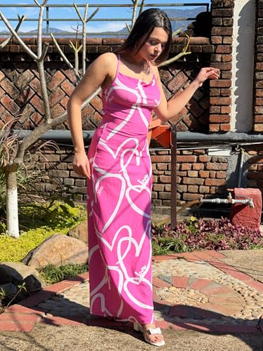 Tandul Women's Cotton Blend Shoulder Straps Pink Dress - Maxi/Full Length Printed Fashion Small Size for Office, Casual, Festive & Party (12279)