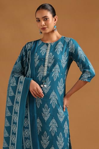 Soch Womens Teal Linen Blend Bandhani Salwar Suit With Faux Mirror And Sequins