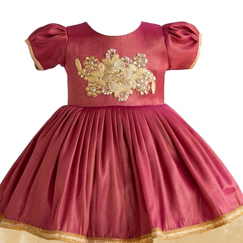 Stanwells Kids Dress for Girls Shade Traditional Applique Kerala Ethnic Silk Frock for Baby Girls Ruffle Pattern Zipper Beautiful Cap Sleeve Birthday Dress for Girls Pink (6-7 Years)