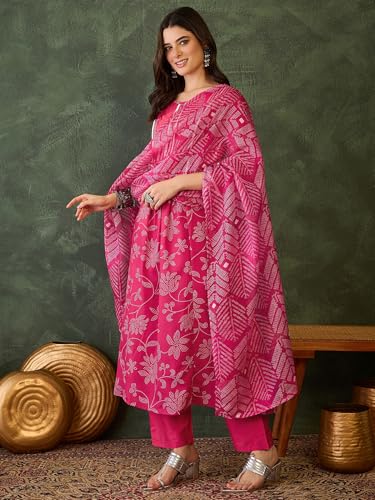 VARNI FABRIC Rayon Kurta Set for Women |Full Sleeves Floral Printed A-Line Kurta Set | Woman Salwar Suit with Pant & Dupatta | Festive Wedding Ethnic Wear | Prefect for Office Summer | Rani | 3XL