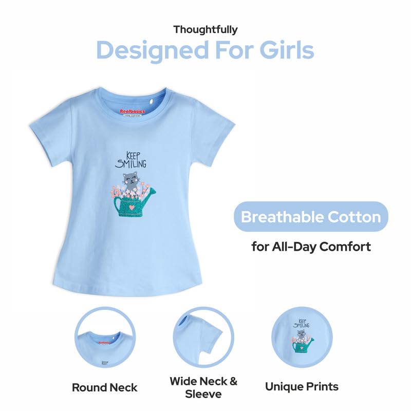 Real Basics Cotton Regular Fit Half Sleeve Cotton T-Shirts for Girls Pack of 3 (RB-G-HTop-P3-78-KEPSMILNG_SATRN_BOQUE)