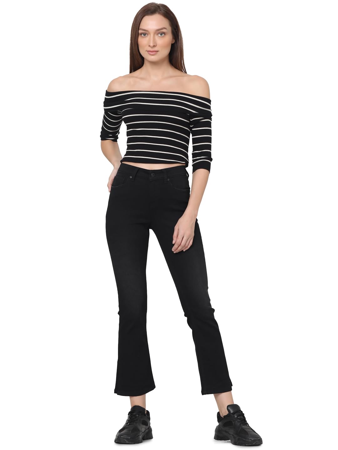 VERO MODA Women Solid Black Cotton Boot Cut Mid Rise Jeans