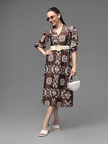 Kazo Cabo Midi Dress with Belt (Brown_XL)