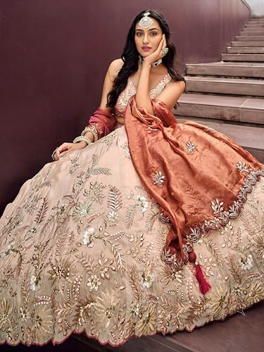 Zeel Clothing Women's Dori, Sequins and Thread Embroidered Work Cosmos Silk Lehenga Choli With Dupatta (6019-Copper-Women-Lehenga-Choli; Free size)