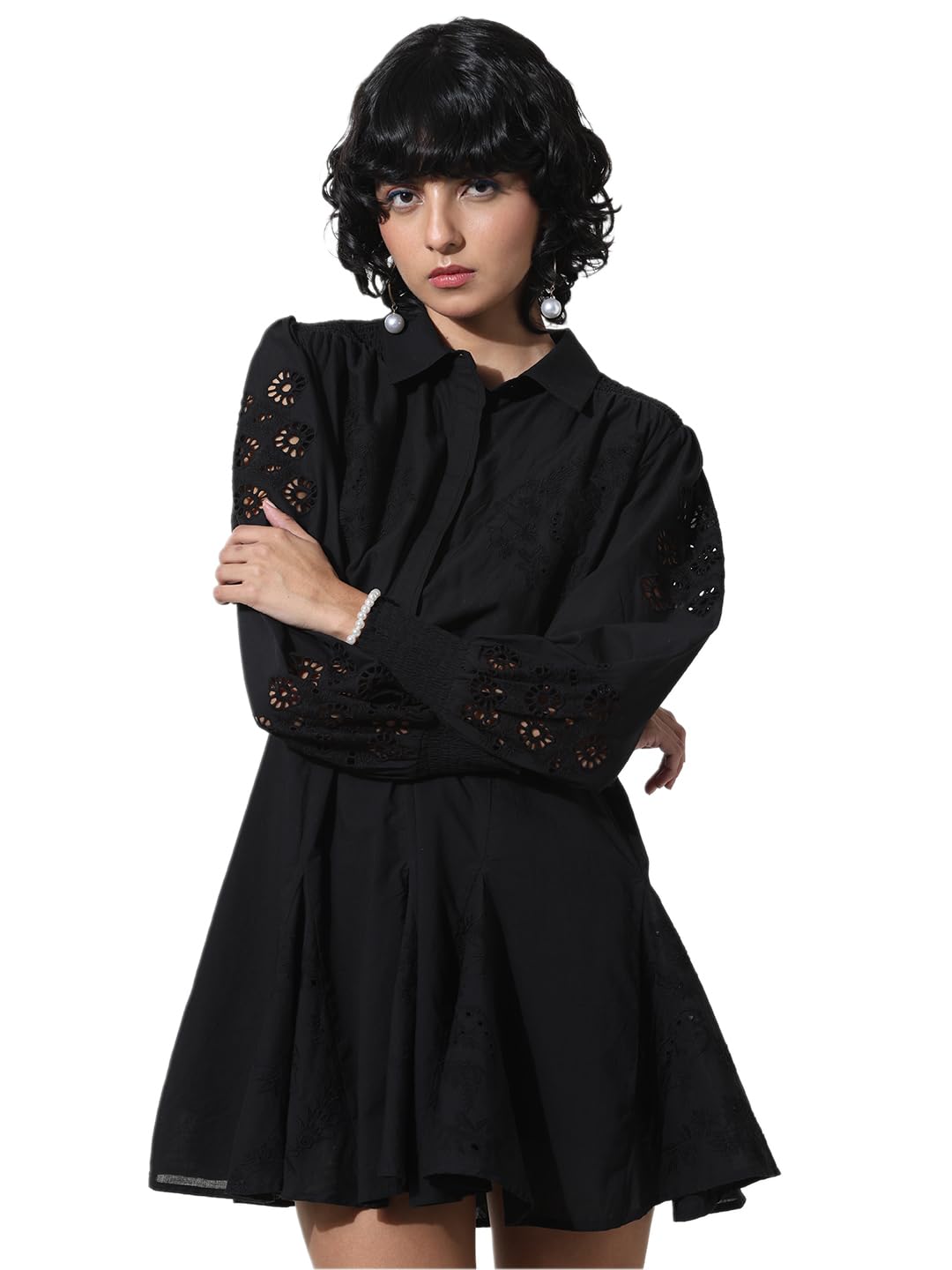 ONLY Women Self Design Black Cotton Mini Length Fit and Flare Dress