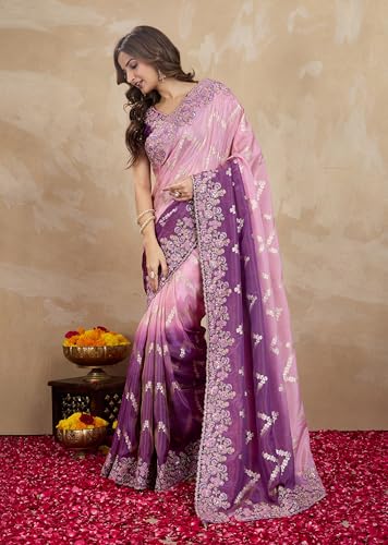 TRENDMALLS Women's Jacquard Silk Embroidery Saree with Unstitched Blouse Piece (K1172-Purple)