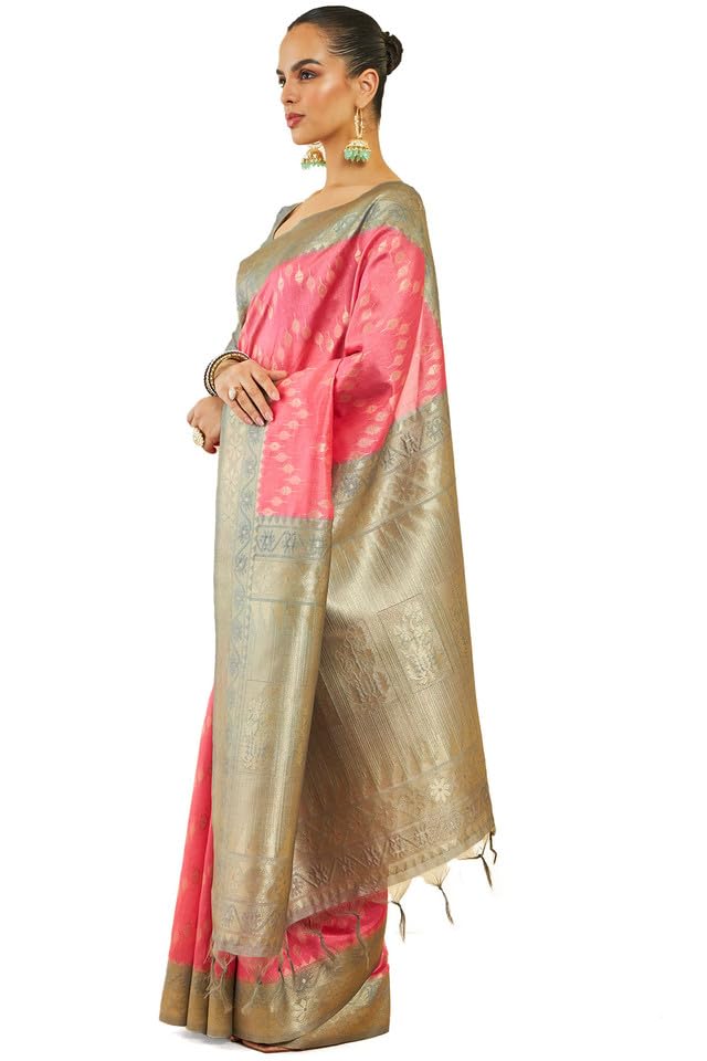 Soch Womens Pink Tussar Silk Saree With Woven Zari Designs And Grey Pallu