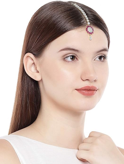 Accessher Traditional Dual Tone Plated Delicate Light Weighted American Diamond and Pink Stones Studded Floral Style Maang Tika for Women and Girls Pack of 1