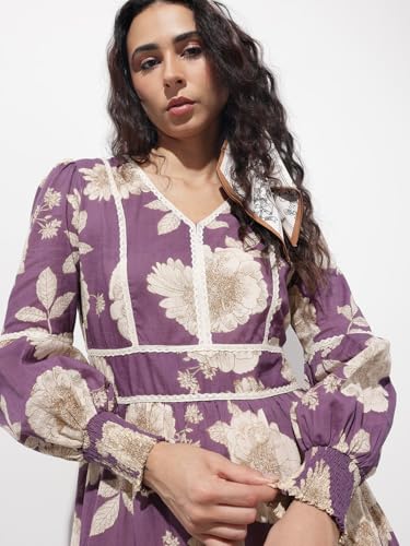 Divena Purple V-Neck Midi Cotton Dress-DK2313