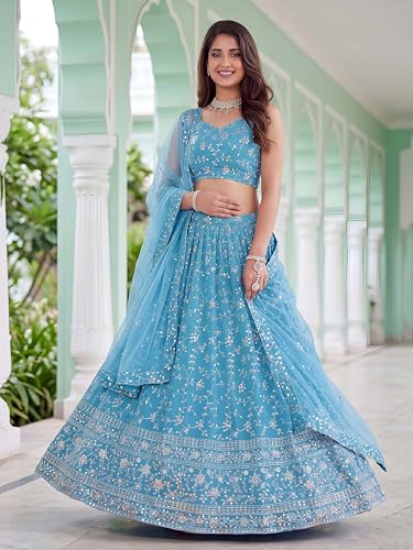 Zeel Clothing Women's Zari and Sequins Embroidered Georgette Lehenga Choli With Dupatta (5058-SkyBlue-Women-Latest-Lehenga-Choli, Free size)