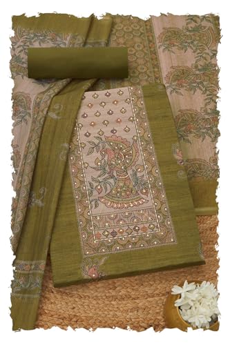 Soch Womens Olive Chanderi Ethnic Motifs Unstitched Dress Material With Sequins
