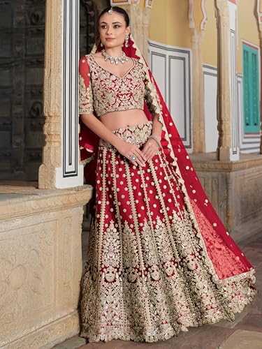 Zeel Clothing Women's Zari Sequins Embroidered Work Soft Net Lehenga Choli With Dupatta (6013-Women-Lehenga-Choli-Latest; Free size) (Yellow) (Red)