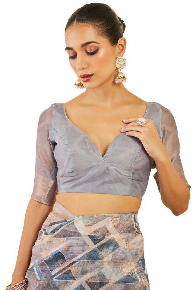Soch Womens Grey Tussar Silk Saree With Geometric Print And Zari Woven Designs