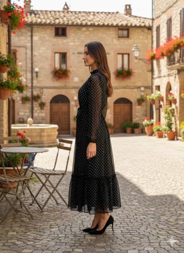 RUBY FASHIONS Women's Premium Georgette Black Polka Dot Maxi Dress – Elegant Full Sleeve Long Dress with Back Zip Closure, Stylish Evening & Casual Flare Gown (in, Alpha, S, Big, Black)