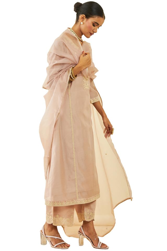 Soch Womens Onion Pink Chanderi Thread Embroidered A-Line Suit Set with Dupatta