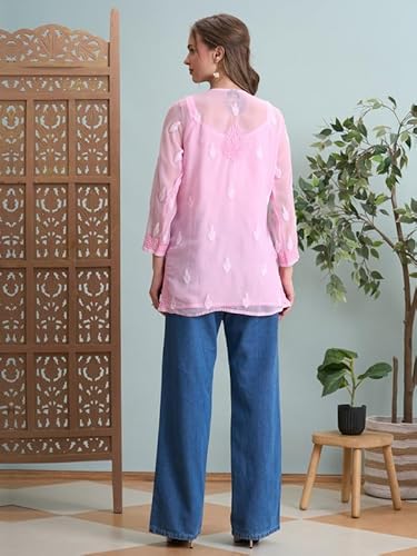 Ada Hand Embroidered Lucknowi Chikankari Georgette Short Kurti Top Tunic for Women A911515 Baby Pink (M)