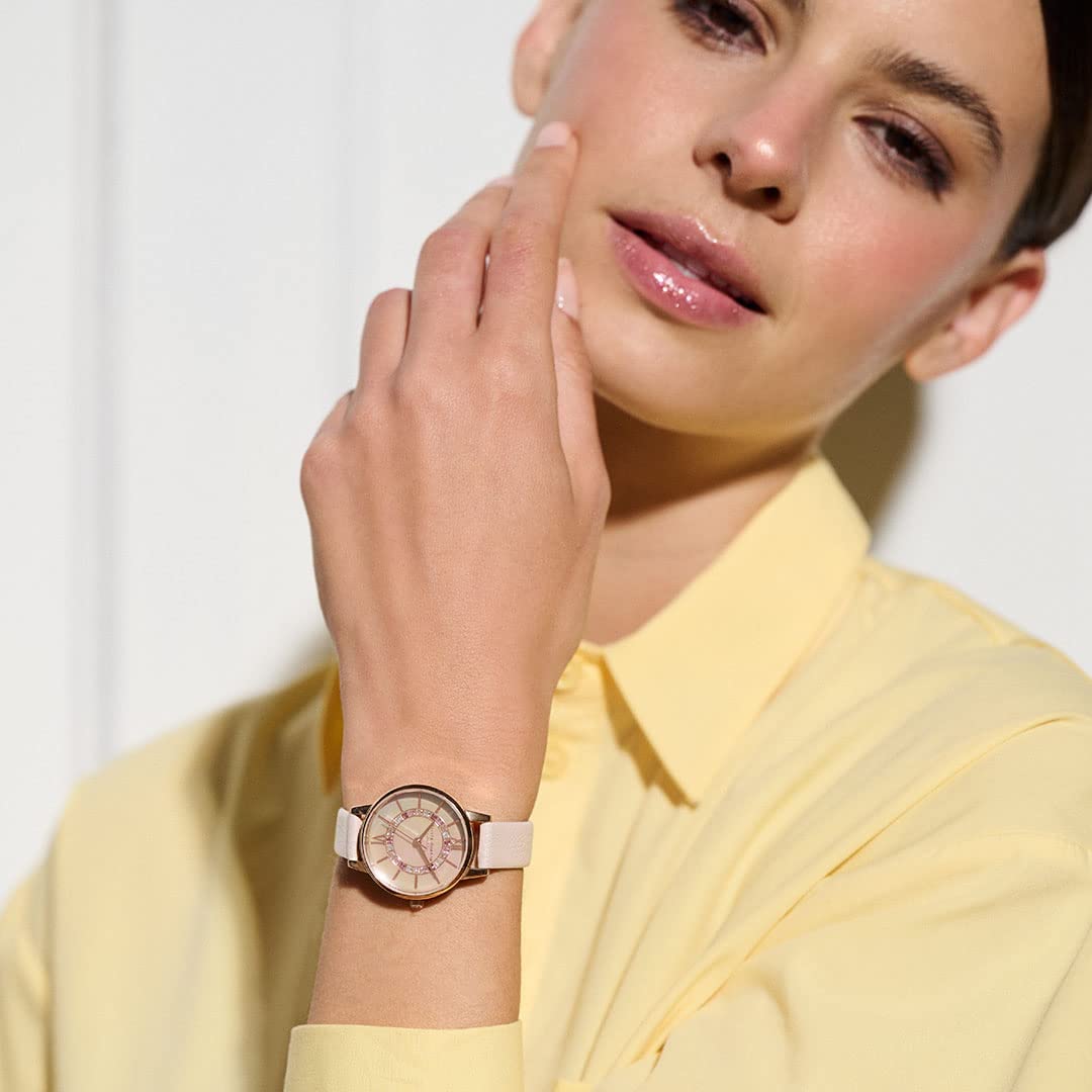 Olivia Burton Wonderland Qtz Basic Blush Mother of Pearl & Stone Round Dial Women's Analog Watch|Pearl Pink Leather Material|Pink Color Band - OB16WD93