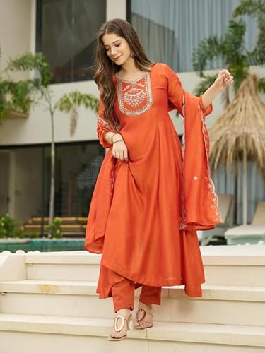 AVYUKTHA | Women Ethnic Motifs Embroidered Kurta with Trors & Dupatta | Traditional Thread Work Kurta Set for Festive & Daily | Orange, Size- M