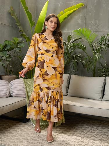Yellow Floral Baloon Sleeve Midi Dress