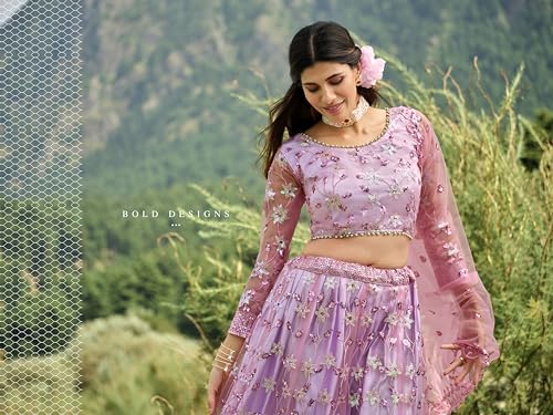 Divine Exim Women's Net Semi Stitched Lehenga Choli with Dupatta | Thread and Sequin Embroidery Pattern | Traditional, Wedding, Ethnic Wear Lehenga (Lavender)