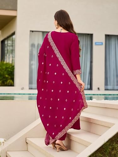 AVYUKTHA | Women Ethnic Motifs Embroidered Panelled Kurta with Trors & With Dupatta | Pink | Size- S