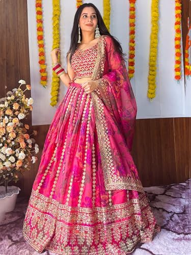 AG Clothing Women's Organza Semi Stitched Lehenga Choli With Dupatta | Floral Digital Print With Sequin Embroidery Pattern | Traditional, Wedding, Ethnic Wear Lehenga (ZC-7072-Pink)