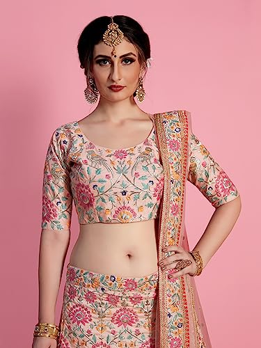 Zeel Clothing Womens Faux Silk Lehenga Choli Semi-Stitched Peach Free Size