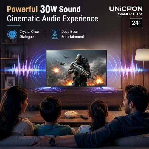 UNICRON 24 Inch Android Smart TV, HD LED Television with 30W Sound Speaker, WiFi Enabled, Frameless Design & IPS A+ Display Panel, Gaming, Screen Mirroring & Mobile Connectivity