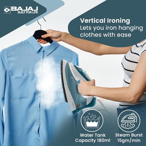 Bajaj MX 3 Neo Steam Iron | 1250 Watts Power For Faster Ironing | Vertical & Horizontal Ironing | Spray Function | Anti-Bacterial & Non-Stick Soleplate Coating | 2-Yr Warranty By Bajaj 【Blue】