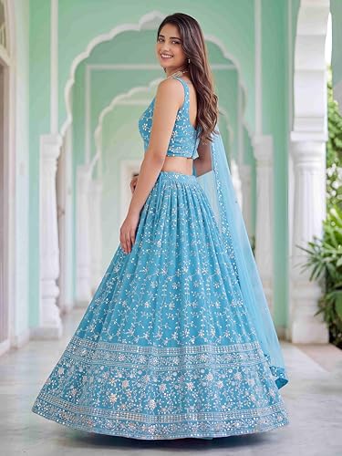 Zeel Clothing Women's Zari and Sequins Embroidered Georgette Lehenga Choli With Dupatta (5058-SkyBlue-Women-Latest-Lehenga-Choli, Free size)