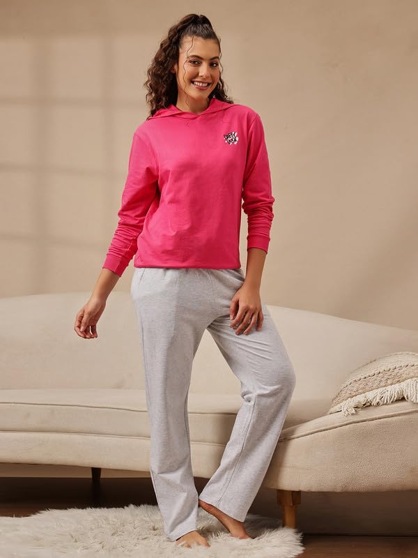 Clovia Women's Wintewear Terry Cotton Graphic Print Sweatshirt with Pyjama Set (COMLS0722_Pink & Grey_S)