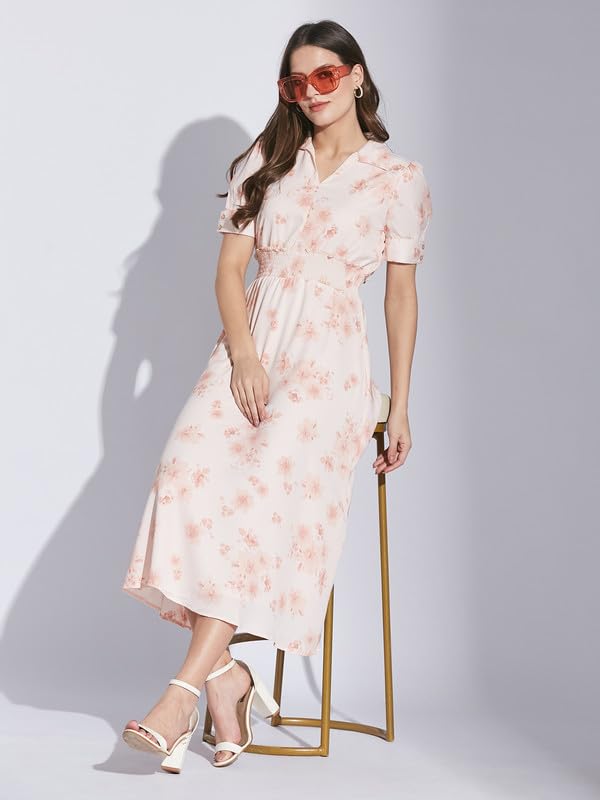Latin Quarters Women Pink Shirt Collar Half Sleeve Floral Dress_L