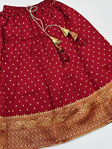 MAVIXA Baby Girl's Silk Jaquqrd Embroidered Readymade Lehenga Choli with Round Neck Short Sleeve Fit Flared Zipper Closure and Drawstring Closure Lehenga | Pattu_Elephant_Maroon & Green-12to18