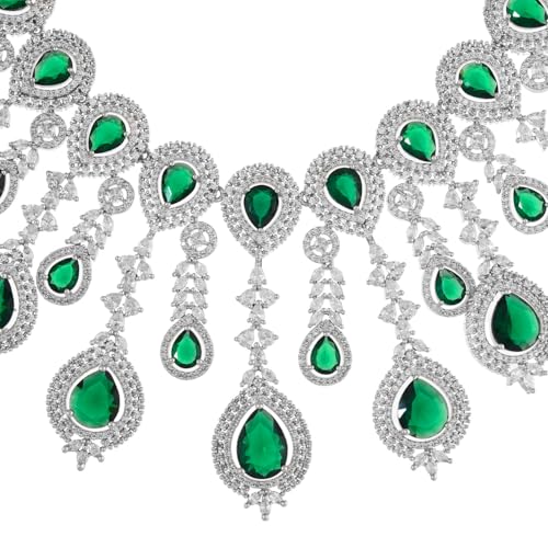 VOYLLA Sparkling Elegance Emerald Green Statement American Diamond Necklace Set|Collar Necklace Set For Women|American Diamond Necklace Set For Women|Gift For Her|Rakhi Gift For Sister|