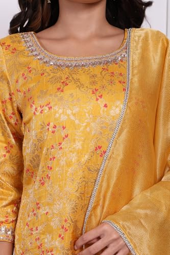 W for Woman Yellow Floral Jacquard Straight Kurta with Sharara and Dupatta Set - (WS13244-314323-S)