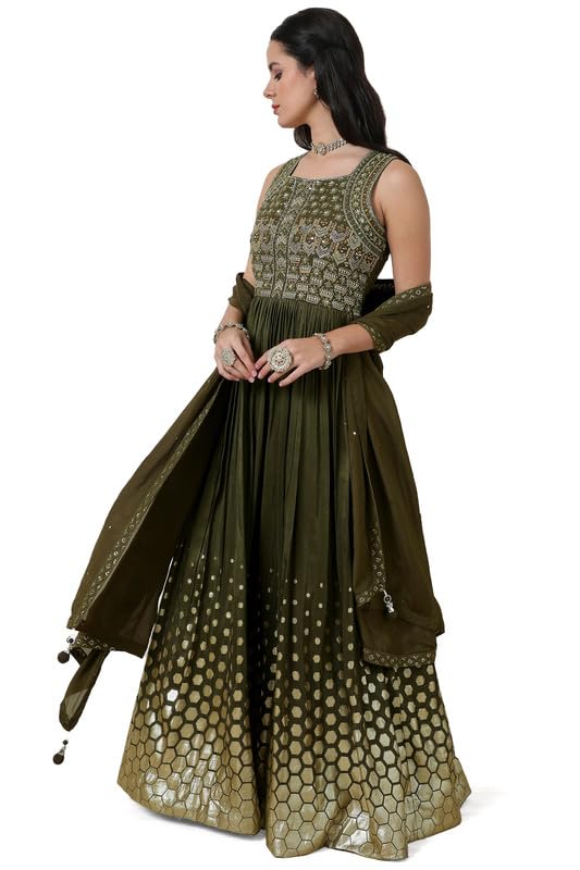 Soch Womens Green Embellished Silk Blend Gown with Mirror Work
