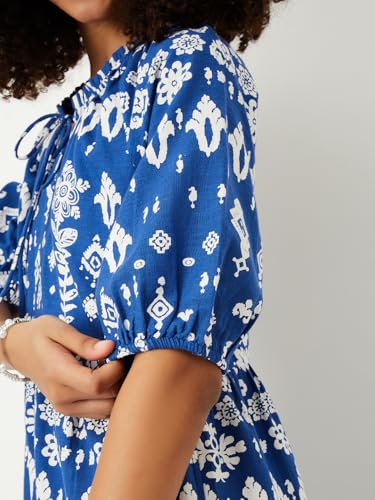Max Women Printed A-line Dress (Blue_XL)