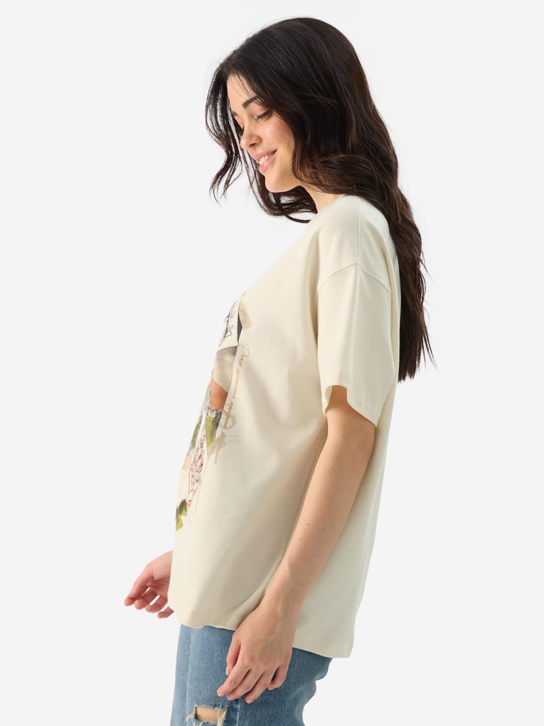 The Souled Store Official Harry Potter: Hogwarts Women and Girls Short Sleeve Round Neck Off White Graphic Printed Cotton Oversized T-Shirts