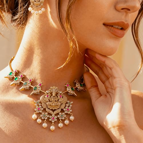 ZYRA JEWELS South Indian Temple Jewellery Necklace Set with Earrings, Peacock & Lakshmi Design, Antique Gold Plated, AD, Zircon & Pearl Studded Traditional Bridal Jewellery for Women & Girls