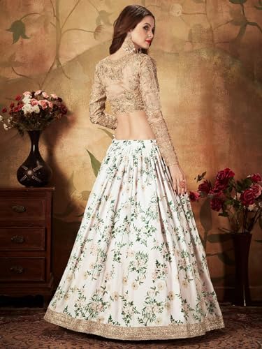 Zeel Clothing Organza Women's Digital Print & Heavy Embroidery Lace Semi Stitched Lehenga Choli With Dupatta (7027-White-Wedding-Stylish-Lehenga-Choli; Free Size)