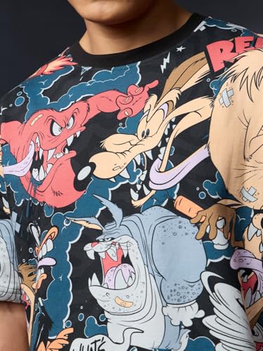 The Souled Store Looney Tunes: Chaotic Men and Boys Short Sleeves Round Neck Black Graphic Printed Casual Lightweight Drop Shoulder Streetwear Trendy Cotton Oversized T-Shirt