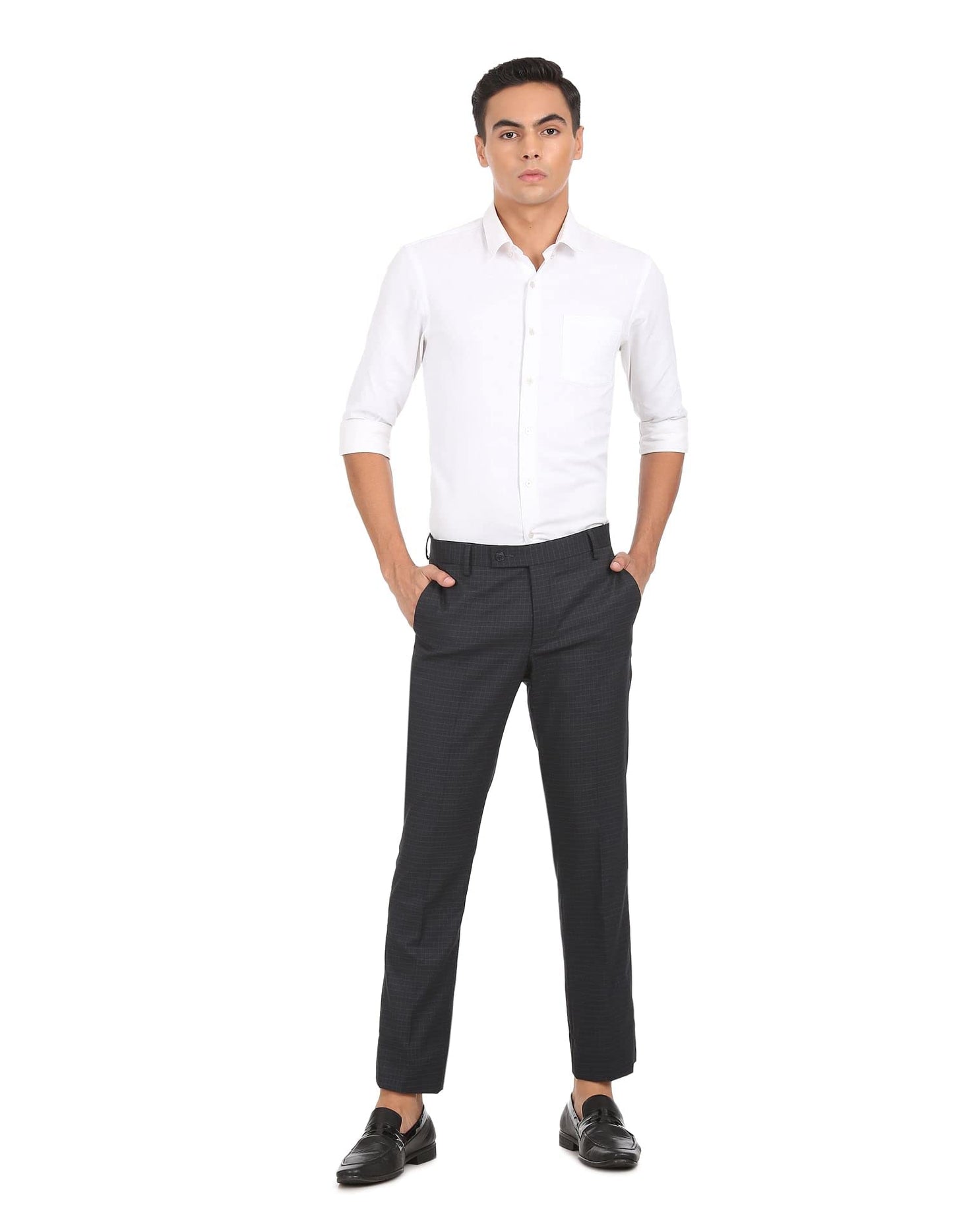 Arrow Men's Checkered Tailored Fit Polyester Formal Trouser Navy