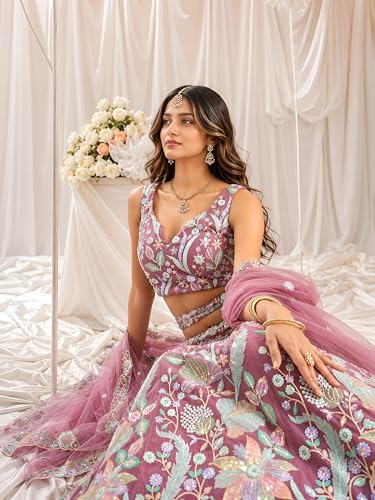 Zeel Clothing Women's Sequins Embroidered Work Soft Net Lehenga Choli With Dupatta (6020-Pink-Women-Lehenga-Choli; Free size)