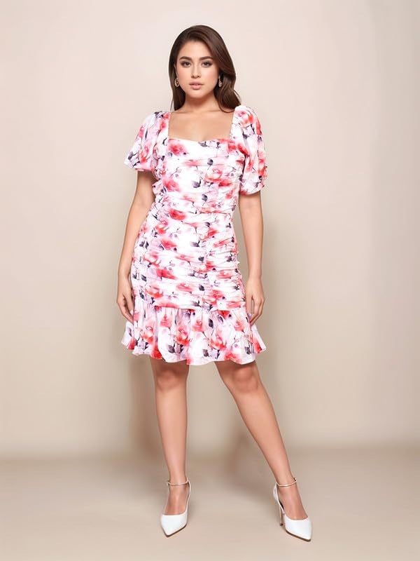 Zink London Women's White & Red Floral Prints Slim Fit Knee-Length Dress