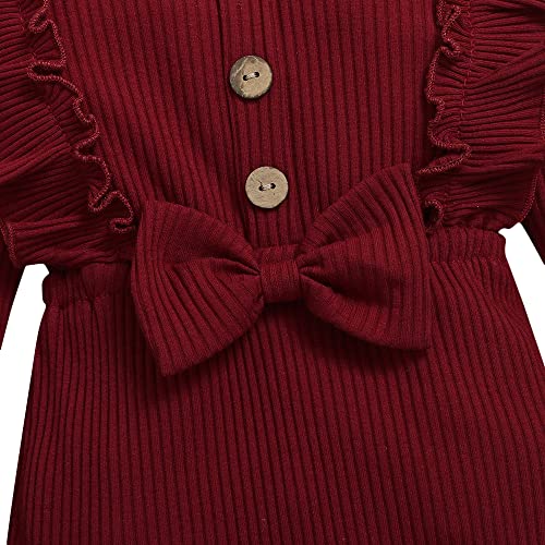 Hopscotch Baby Girls Polyester And Spandex Solid Bow Applique Bodysuit Suit Set in Burgundy Color For Ages (9-12 Months)