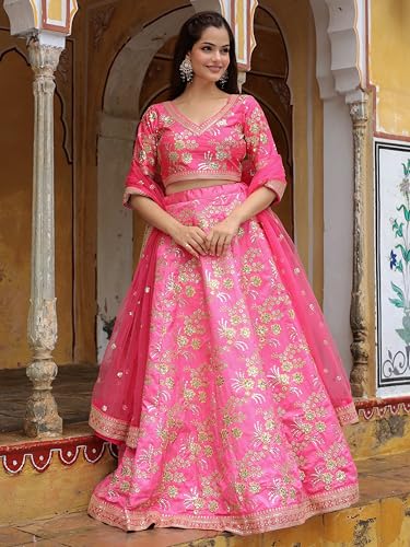 Zeel Clothing Women's Zari and Sequins Embroidered Art Silk Lehenga Choli for Women (7028-Pink-Wedding-Bridal-Designer-Lehenga-Choli-Latest; Free Size) (Pink)