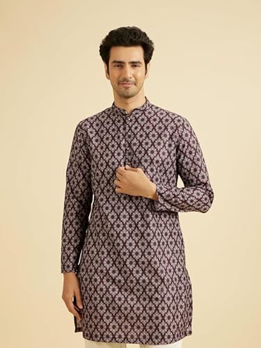 Manyavar Men's Cotton Blend Digital Print Long Kurta (Wine,XL)