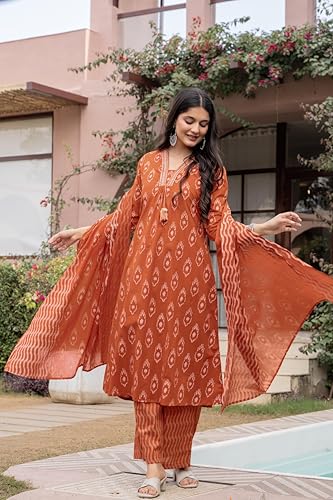 Pistaa's Women's Pure Cotton Anarkali Printed Kurta with Palazzo & Dupatta Set (Rust, XXX-Large)