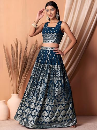 Zeel Clothing Sequins Thread Embroidered Work Pure Georgette Semi Stitched Lehenga Choli With Dupatta (5117-Blue-Women-Lehenga-Choli-Latest; Free Size)