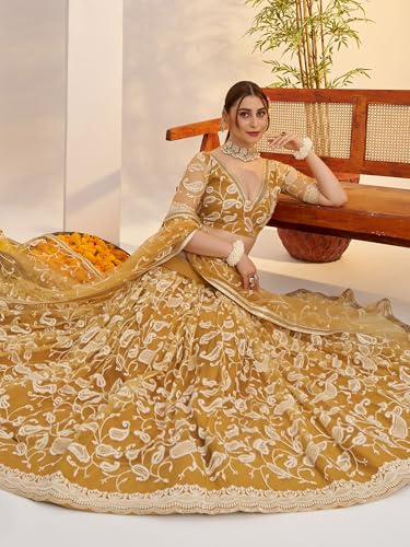 Zeel Clothing Women's Cotton Thread Sequins Work Embroidery Soft Net Lehenga Choli With Dupatta (NFH-2148-Light-Golden-Lehenga-Choli; Free size) (Light Golden)